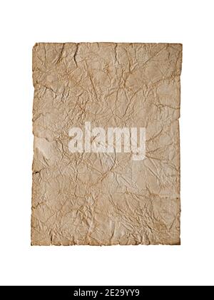 Brown paper blank texture crumpled dark border. Isolated on white background. Stock Photo