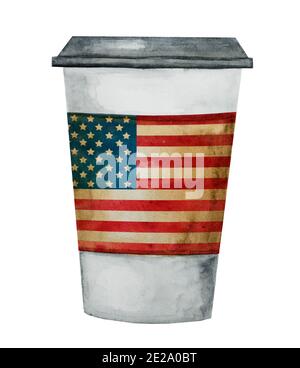 Beautiful coffee cup with painted American Flag. Closeup, no people, texture. Congratulations for family, relatives, friends and colleagues Stock Photo