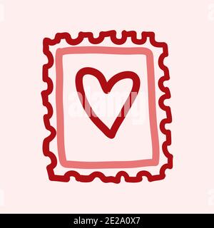 Valentines Day theme doodle icon of hand drawn mail postage stamp with heart shape isolated on a pink Stock Photo