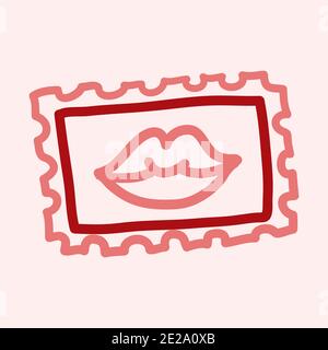 Valentines Day theme doodle icon of hand drawn mail postage stamp with lips shape isolated on a pink Stock Photo