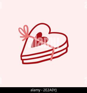 Valentines Day theme doodle icon of present box with a bow with heart shape isolated on a pink Stock Photo