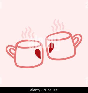 Valentines Day theme doodle icon of hand drawn two cups of tea of coffee with heart shape isolated on a pink Stock Photo
