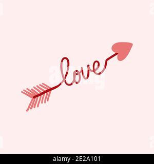 Valentines Day theme doodle icon of hand drawn arrow with heart shape isolated on a pink Stock Photo