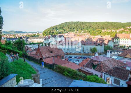 Panoramic view of Beautiful colorful houses in Sighisoara Stock Photo