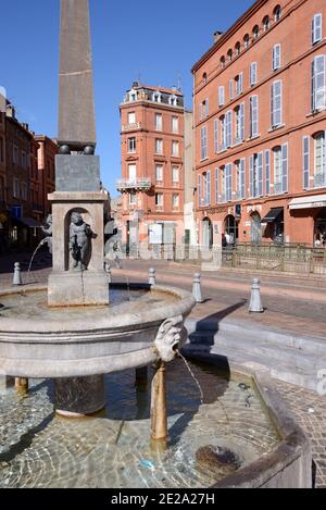 Fontaine Saint Etienne (1547-1549) or Street Fountain & Obelisk in Place Etienne Town Square & Historic Brick Architecture Toulouse France Stock Photo