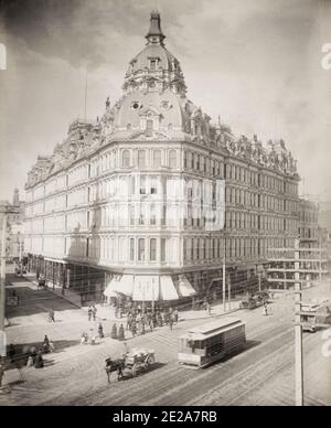 Vintage 19th century photograph: Baldwin Hotel and street scene with trams and traffic, San Francisco, California, c.1890, Isaiah Taber studio. Stock Photo