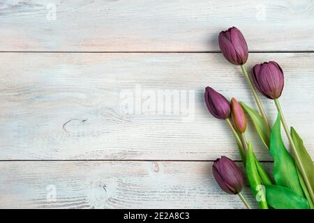 Bouquet with tulips on a light wooden background. Stock Photo