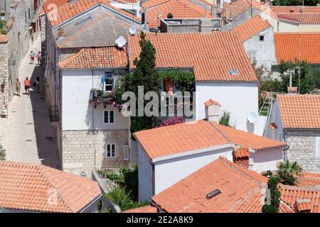 view over the terracotta tiles roofs of the upper town in  Rab town, Rab Island Croatia. Stock Photo