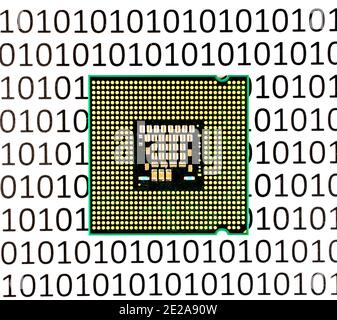 The bottom of a computer CPU. CPU is to be recycled. Background is black ones and zeros on white. Type of CPU that has pads rather than pins. Stock Photo