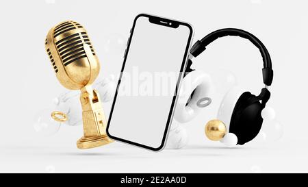 Phone mock up surrounded by microphone and headphones 3d rendering Stock Photo