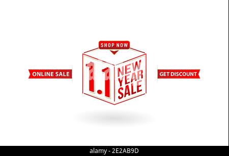 1.1 sale, 1.1 online sale, New Year Sale, gift box with sale cube model number sign red ribbon with isolated background, online shop sign, for poster, Stock Vector