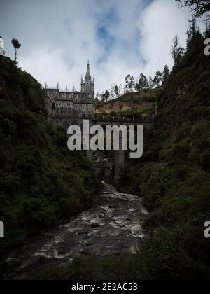 Panorama view of gothic roman catholic church National shrine Basilica of our lady of Las Lajas bridge Ipiales Narino Colombia South America Stock Photo