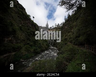 Panorama view of gothic roman catholic church National shrine Basilica of our lady of Las Lajas bridge Ipiales Narino Colombia South America Stock Photo