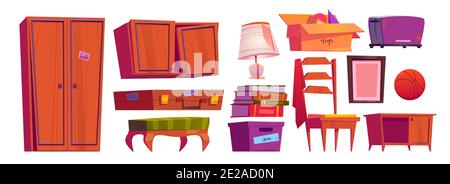 Old furniture, archive items on house attic or in storage room. Vector cartoon set of vintage chair, wooden wardrobe, books, cardboard boxes, broken lamp and toaster isolated on white background Stock Vector