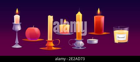 Wax candles different shapes with fire and flavored paraffin. Vector cartoon set of burning flame on yellow and red candles in glass jar, silver and copper holders, tealight Stock Vector