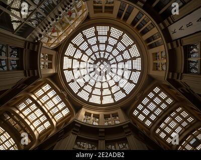 Panorama ceiling view of historic architecture building complex Maedler Madler Passage indoor shopping mall centre in Leipzig Saxony Germany Europe Stock Photo