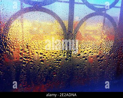 Condensation on the windows . Looking outside through the glass with drops Stock Photo