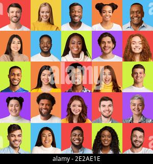 Square Collage With Mixed People Faces Over Different Colorful Backgrounds Stock Photo