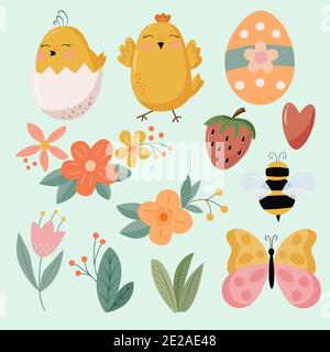 Set of bright spring and Easter elements Stock Vector