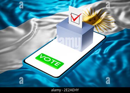 3d illustration of a voting box with a billboard standing on a smartphone, with the national flag of Argentina in the background. Online voting concep Stock Photo