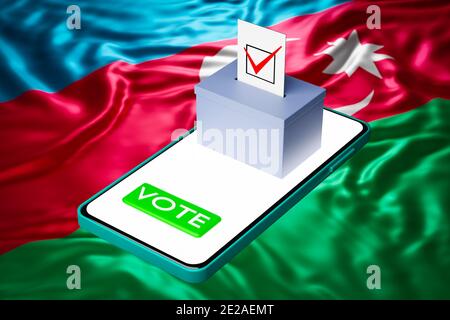 3d illustration of a voting box with a billboard standing on a smartphone, with the national flag of Azerbaijan in the background. Online voting conce Stock Photo