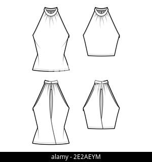 Set of Tops banded high neck halter tank technical fashion illustration with wrap, slim fit, crop, tunic length. Flat apparel outwear template front, back, white color. Women men CAD mockup Stock Vector