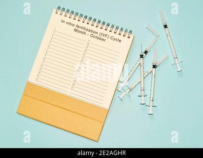 October IVF cycle calendar and disposable injection syringe Stock Photo ...