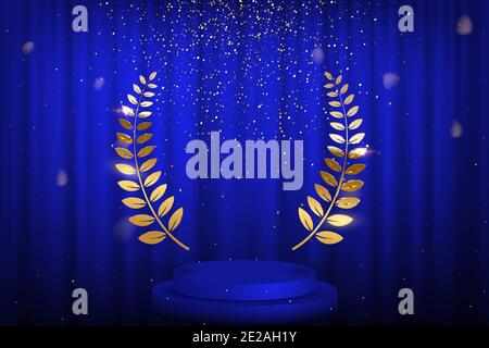 Blue curtain, laurel twigs realistic illustration. Golden glitters, bokeh effect. Retro crimson background for text. Winner wreath for cinema festival Stock Vector