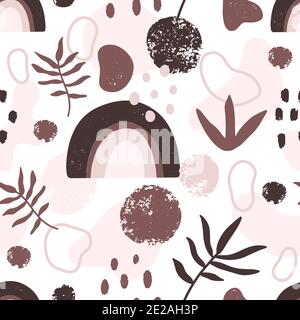 Minimalist abstract art seamless pattern with rainbows, botanical elements and brush textures isolated on white background. Boho style hand drawn vect Stock Vector