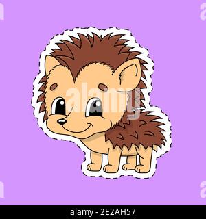 Sticker with contour. Cartoon character. Hedgehog animal. Colorful vector illustration. Isolated on color background. Template for your design. Stock Vector