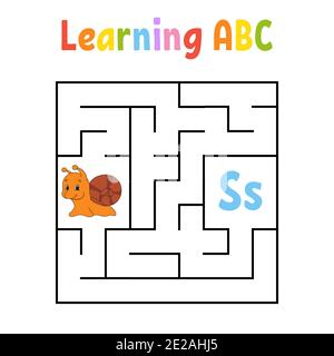 Square maze. Game for kids. Quadrate labyrinth. Education worksheet. Snail mollusk. Activity page. Learning English alphabet. Cartoon style. Find the Stock Vector