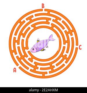 Circle maze. Game for kids. Fish. Puzzle for children. Round labyrinth conundrum. Color vector illustration. Find the right path. Education worksheet. Stock Vector