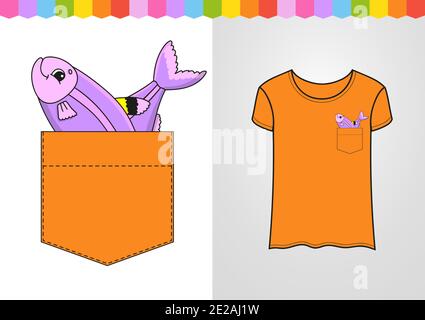 Cute character in shirt pocket. Fish. Colorful vector illustration. Cartoon style. Isolated on white background. Design element. Stock Vector