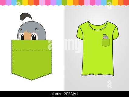 Cute character in shirt pocket. Quail bird. Colorful vector illustration. Cartoon style. Isolated on white background. Design element. Stock Vector