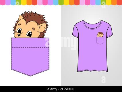 Cute character in shirt pocket. Hedgehog animal. Colorful vector illustration. Cartoon style. Isolated on white background. Design element. Stock Vector