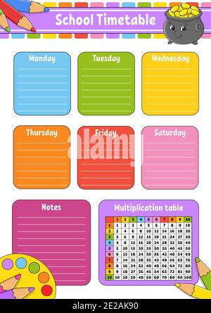 School timetable with multiplication table. For the education of children. Isolated on a white background. With a cute cartoon character. Stock Vector