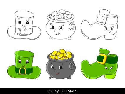 Set coloring page for kids. St. Patrick's Day. Leprechaun hat. Pot of gold. Leprechaun boot. Cute cartoon characters. Black stroke. Vector illustratio Stock Vector