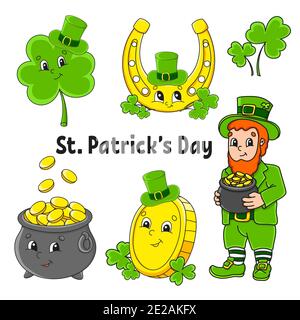 Set of color stickers for kids. St. Patrick's Day. Leprechaun with a pot of gold, gold coin, clover with hat, golden horseshoe. Cartoon characters. Bl Stock Vector