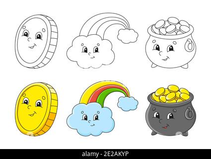 Set coloring page for kids. St. Patrick's Day. Pot of gold. Magic rainbow. Gold coin. Cute cartoon characters. Black stroke. Vector illustration. With Stock Vector