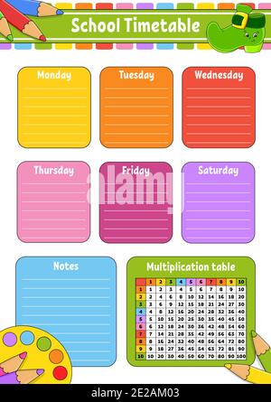 School timetable with multiplication table. For the education of children. Isolated on a white background. With a cute cartoon character. Stock Vector