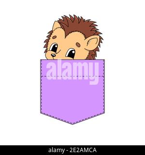 Cute character in shirt pocket. Colorful vector illustration. Cartoon style. Hedgehog animal. Isolated on white background. Design element. Template f Stock Vector