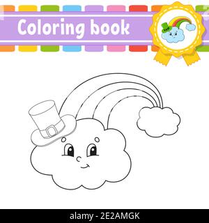 Coloring book for kids. Rainbow in hat. Cheerful character. Vector illustration. Cute cartoon style. Black contour silhouette. Isolated on white backg Stock Vector