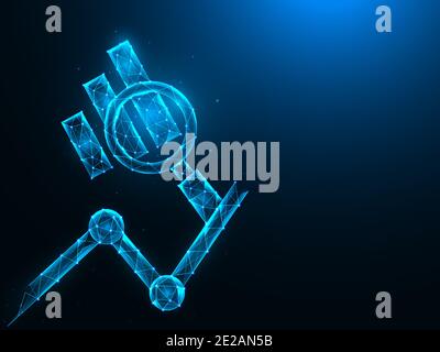 Magnifying glass and statistics low poly design. Statistical data analysis polygonal vector illustrations on a blue background. Stock Vector