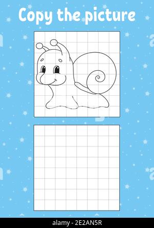 Copy the picture. Snail mollusk. Coloring book pages for kids. Education developing worksheet. Game for children. Handwriting practice. Funny characte Stock Vector