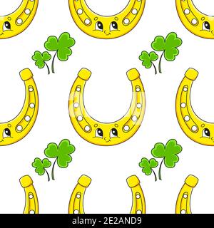 Color seamless pattern. Golden horseshoe. St. Patrick's Day. Cartoon style. Hand drawn. Vector illustration isolated on white background. Stock Vector