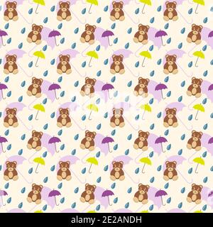 Seamless pattern with cute brown teddy bear and umbrella on light background Stock Vector