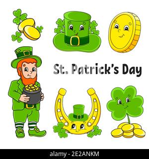 Set of color stickers for kids. St. Patrick's Day. Leprechaun with a pot of gold, gold coin, clover, hat, golden horseshoe. Cartoon characters. Black Stock Vector