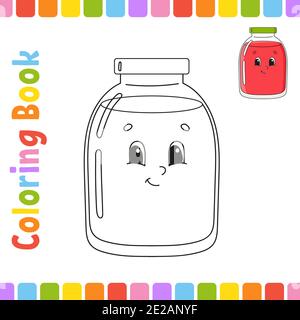 Coloring book for kids. Glass jar. Cheerful character. Vector illustration. Cute cartoon style. Fantasy page for children. Black contour silhouette. I Stock Vector