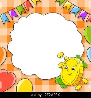 Festive color vector illustration with empty place for text. Cartoon character, balloons, garlands. Gold coin. For the design of greeting cards, birth Stock Vector
