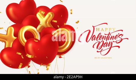 Red glittering heart shape balloons and xoxo golden balloons with gold glittering confetti inscription Happy Valentines Day isolated on white Stock Vector